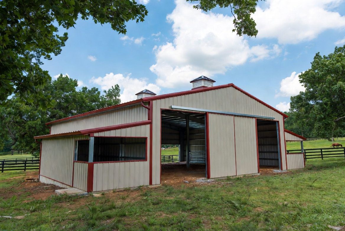 Farm metal building with open bay on rural property