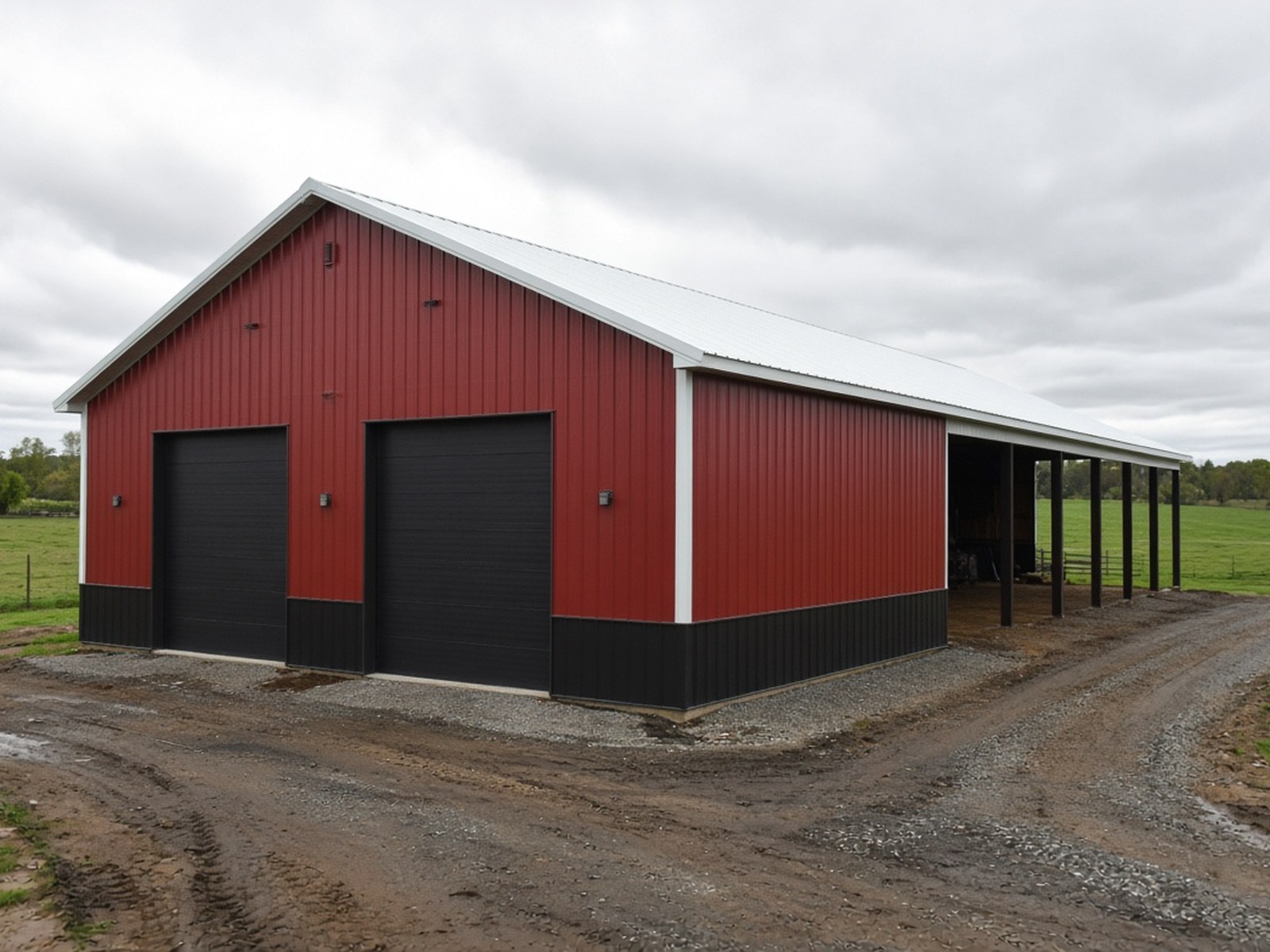 Barn-red agricultural building with black metal wainscot and open lean-to