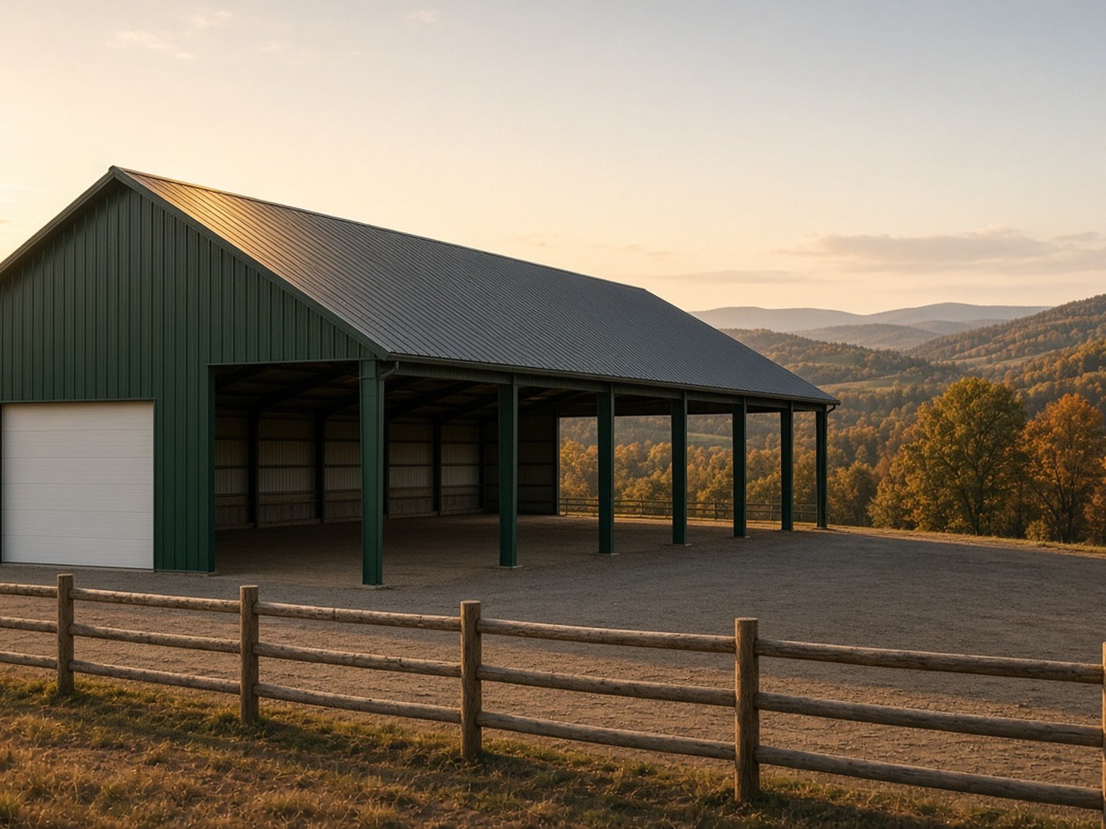 Forest green open-side agricultural arena with charcoal roof at golden hour