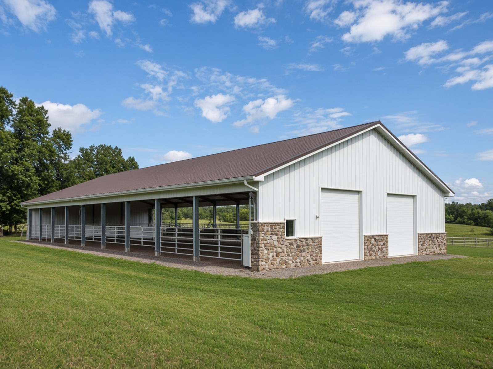 White metal riding arena with stone base, brown roof, and open side bay