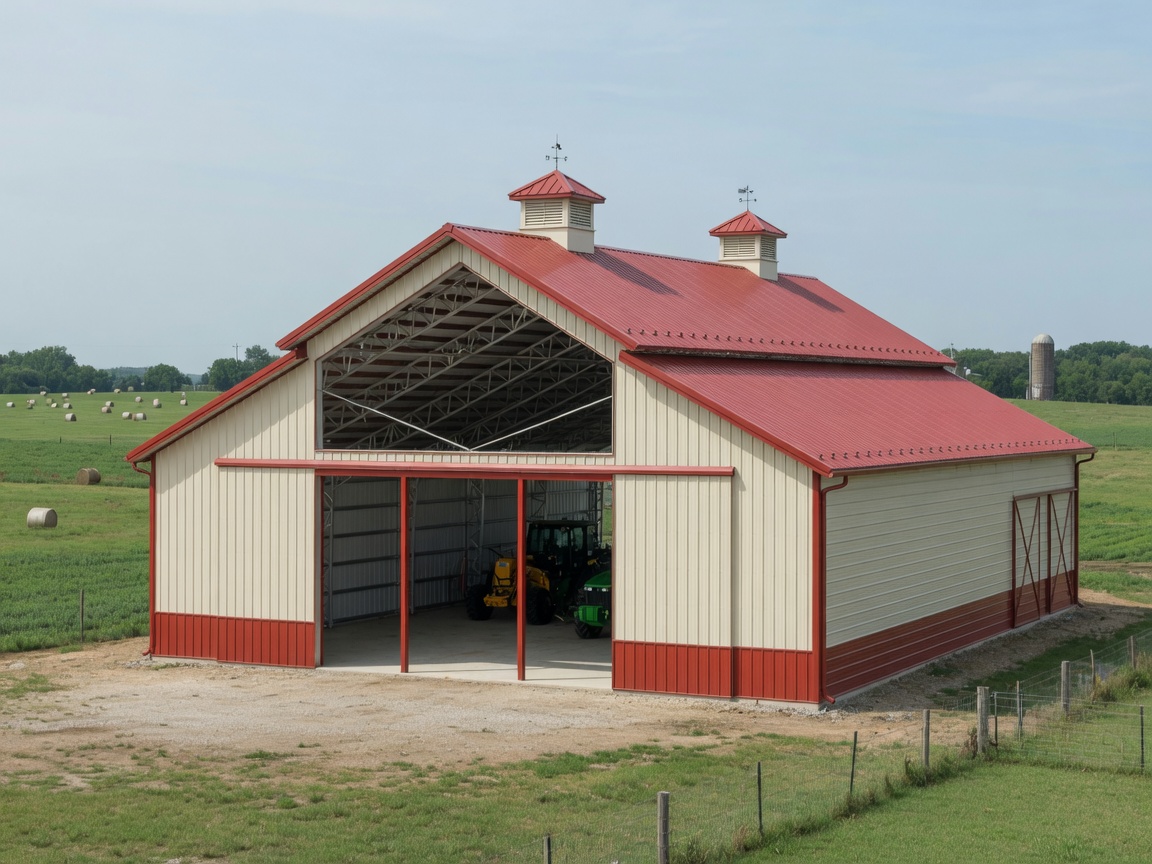 Large clear-span agricultural metal barn exterior on farm site