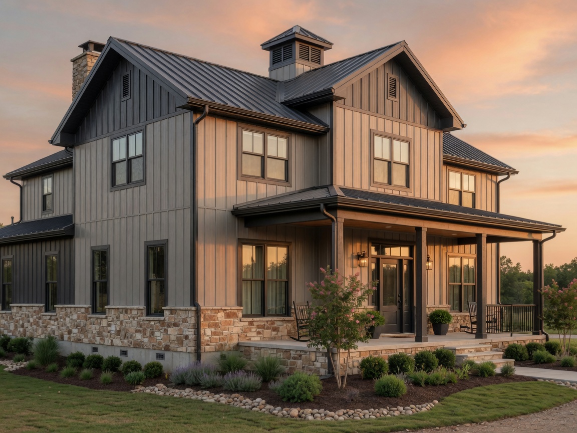 Barndominium style metal building exterior with residential finishes