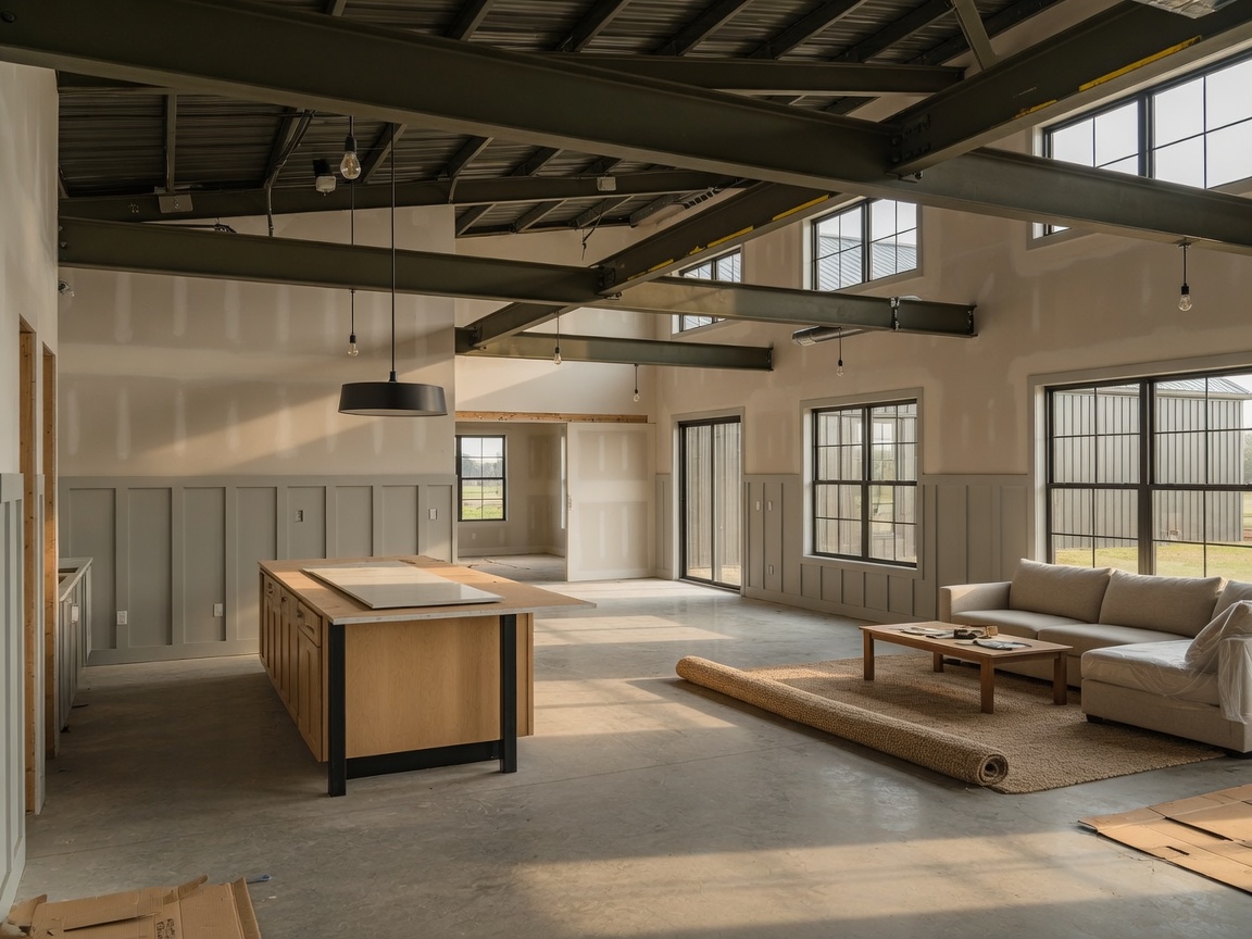 Barndominium interior living shell with high ceilings and open plan