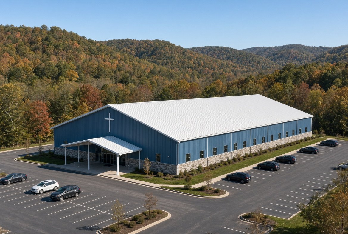 Long clear-span pre-engineered metal church with blue panels, white standing-seam roof, and stone base