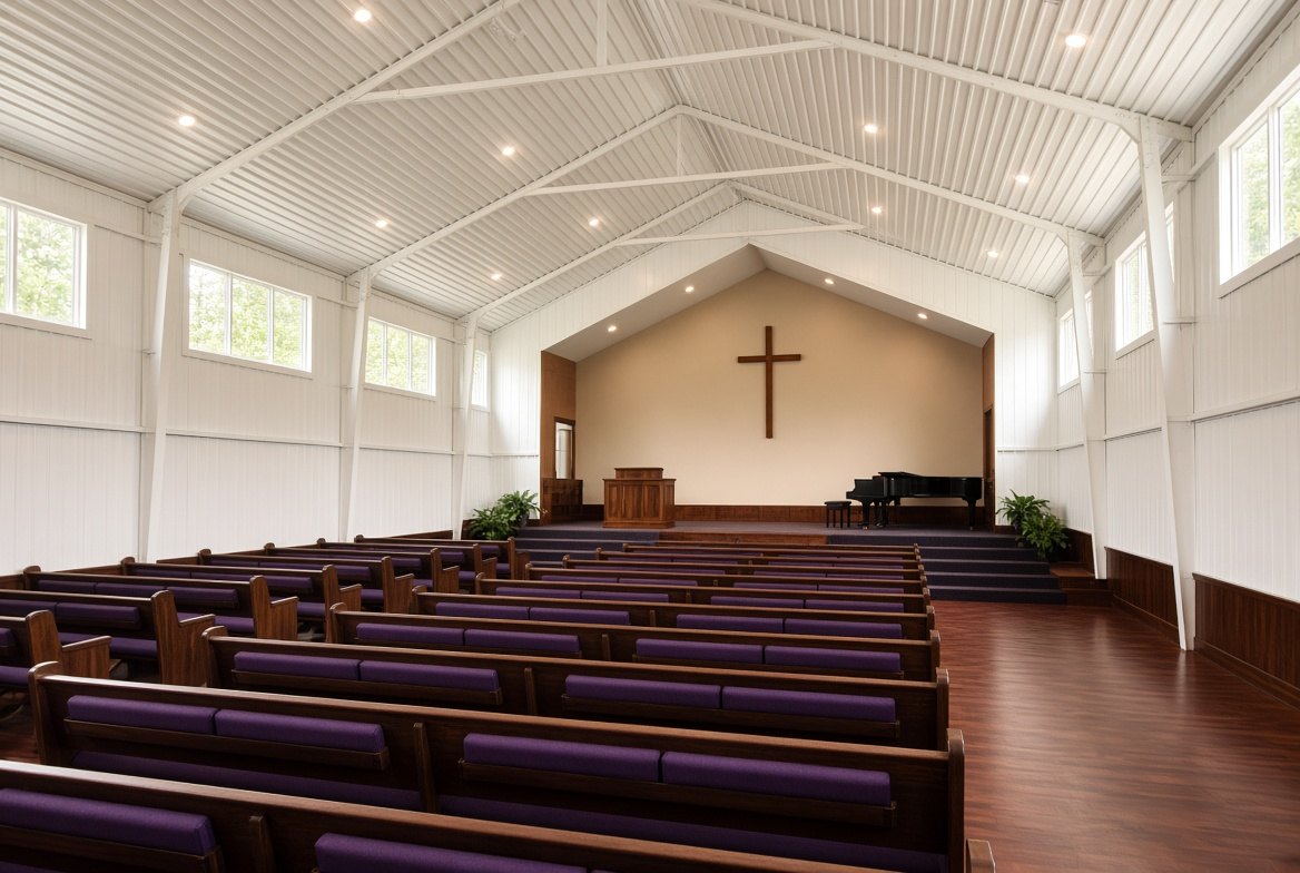 Clear-span church sanctuary interior with pews and high vaulted PEB ceiling