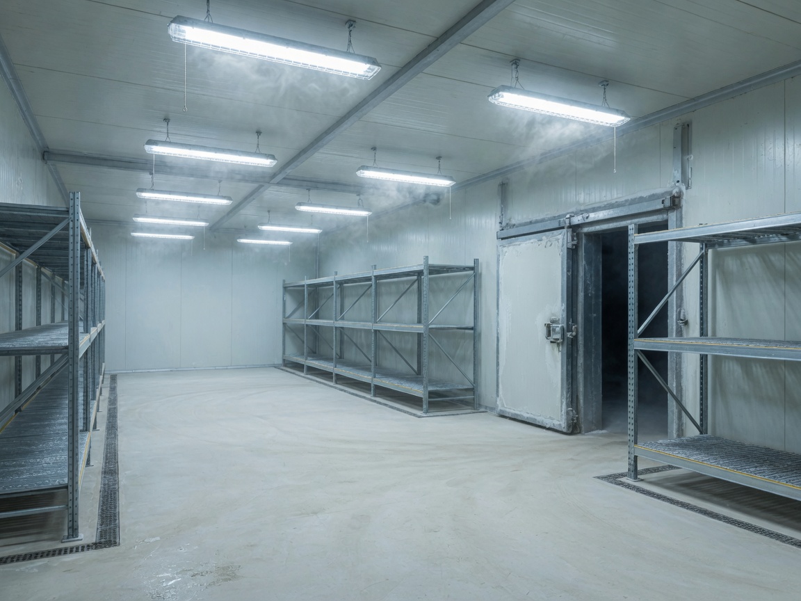 Clean refrigerated cold storage warehouse interior with insulated panel walls