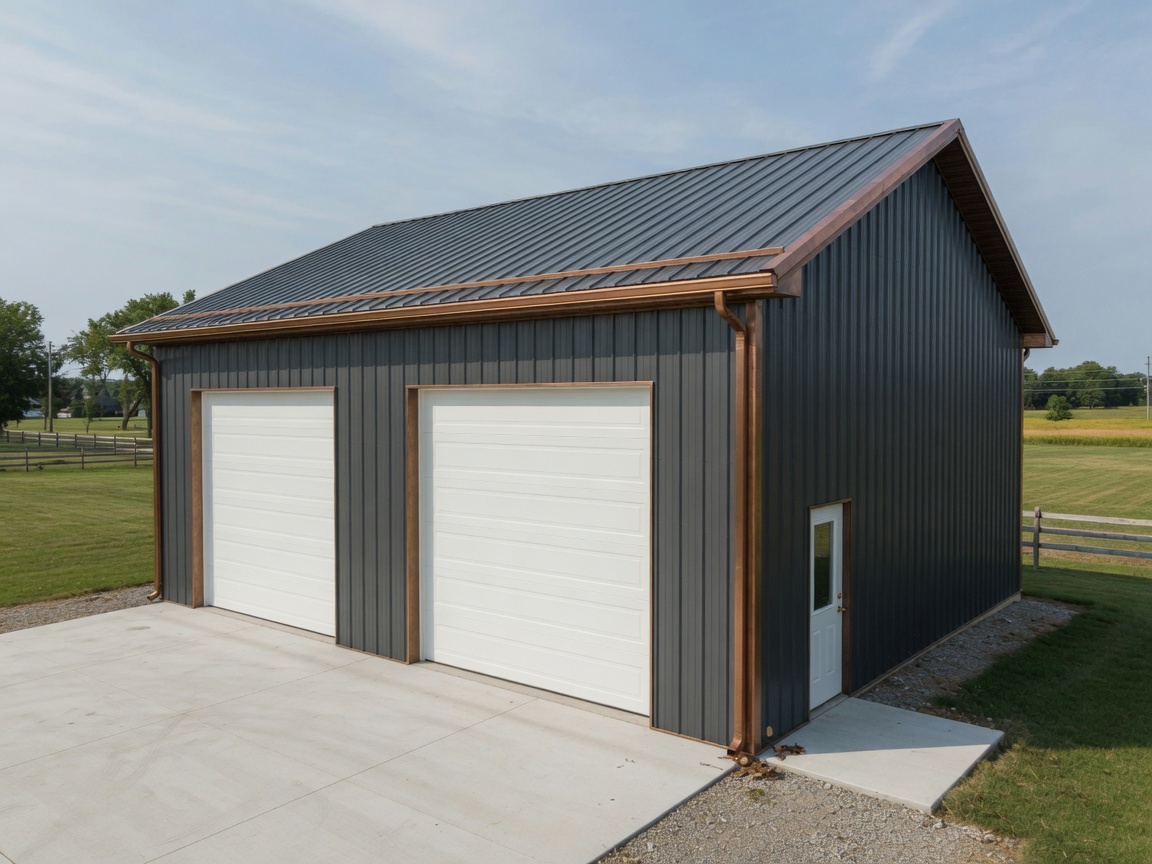 Modern pre-engineered metal garage exterior with overhead doors