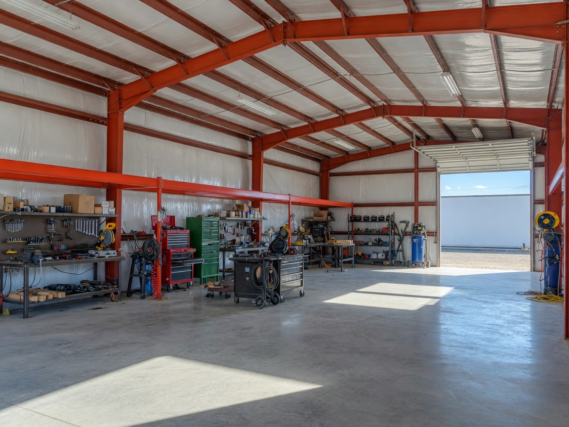 Clear-span PEB workshop interior with open floor and equipment