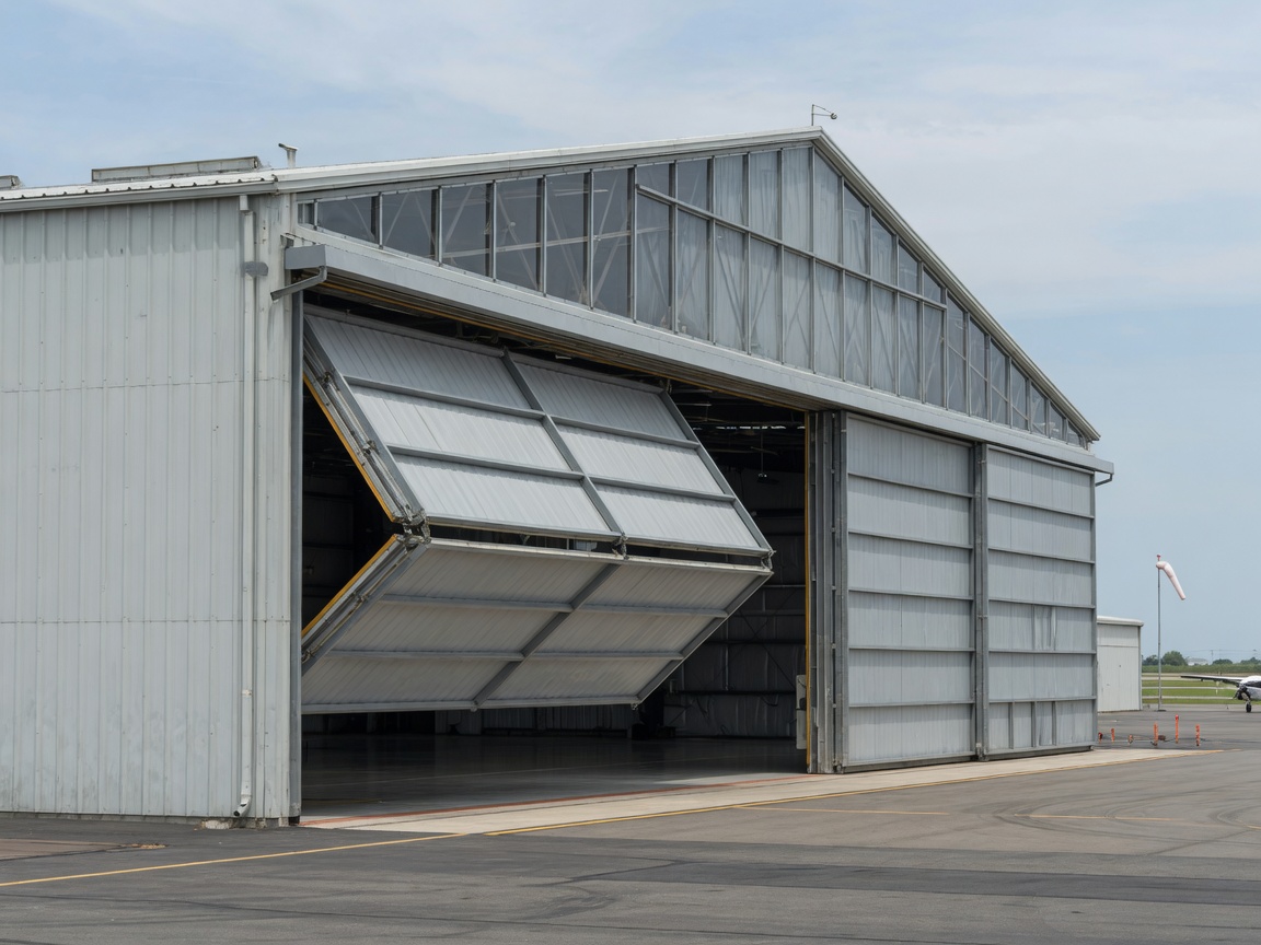 Airplane hangar PEB exterior with large bi-fold doors open