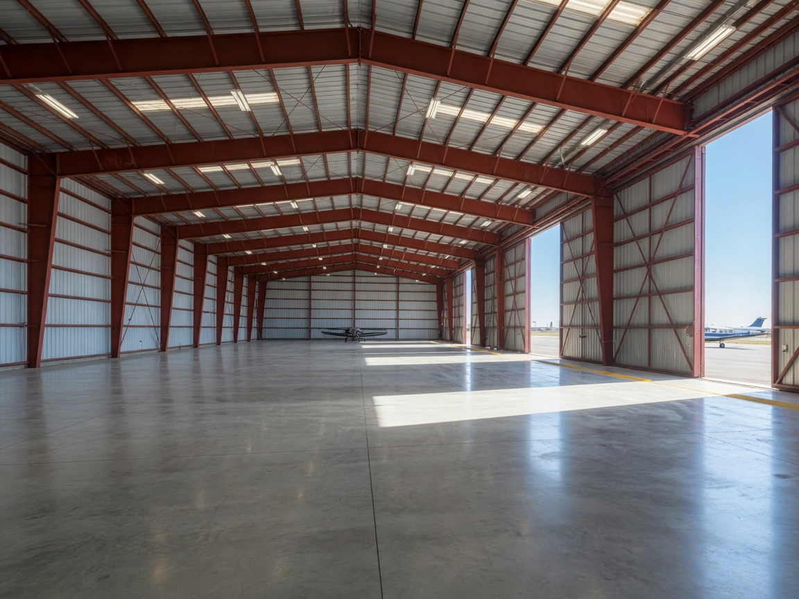 Clear-span airplane hangar interior with high red-iron frames
