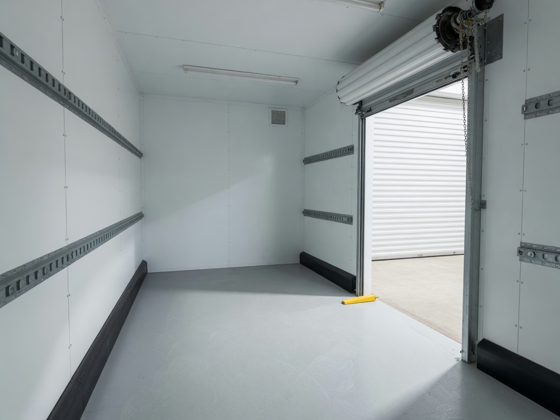 Clean climate-controlled mini storage unit interior