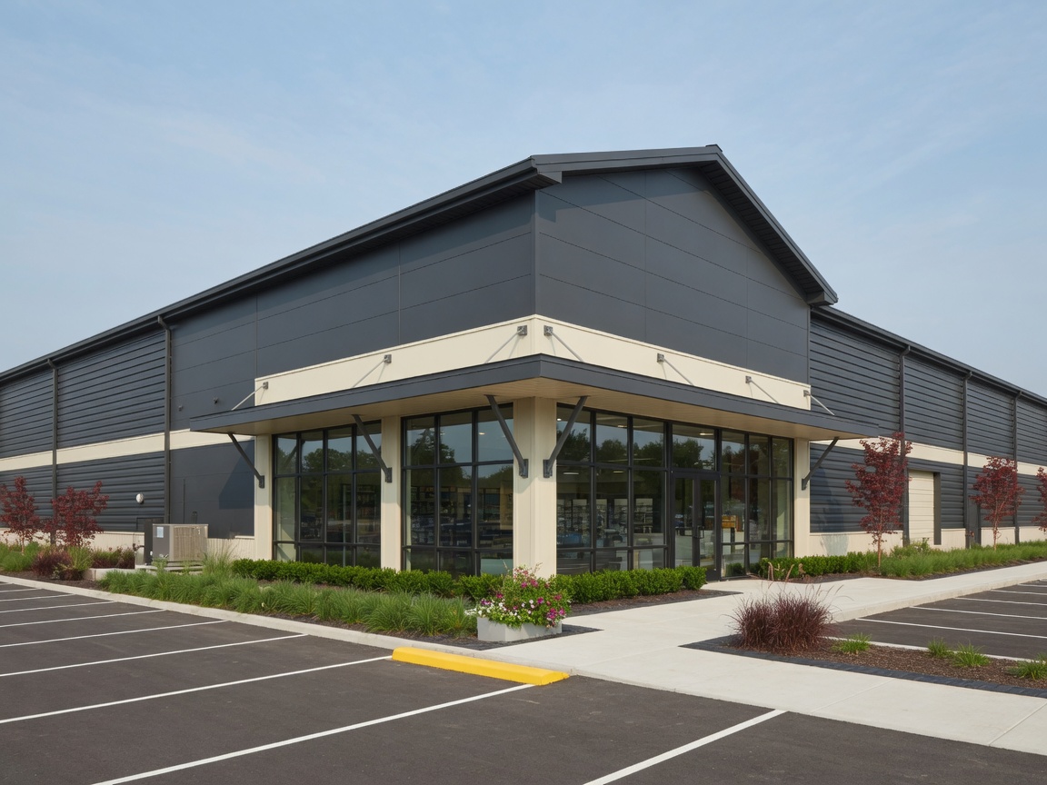 Finished commercial retail metal building exterior with storefront