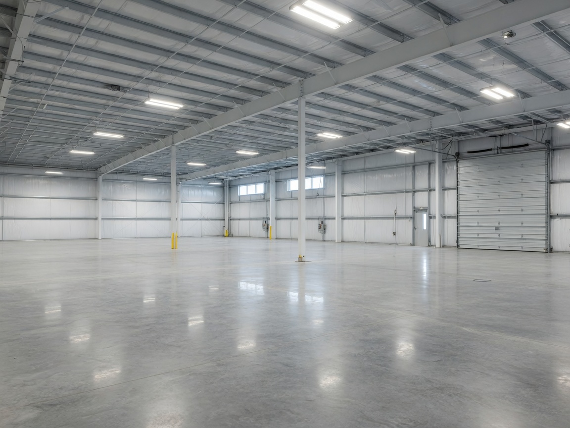 Clean commercial shop floor interior in a metal building