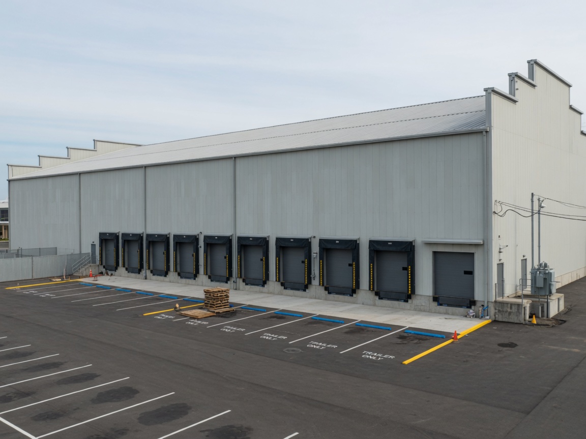 Large commercial PEB warehouse exterior with dock doors