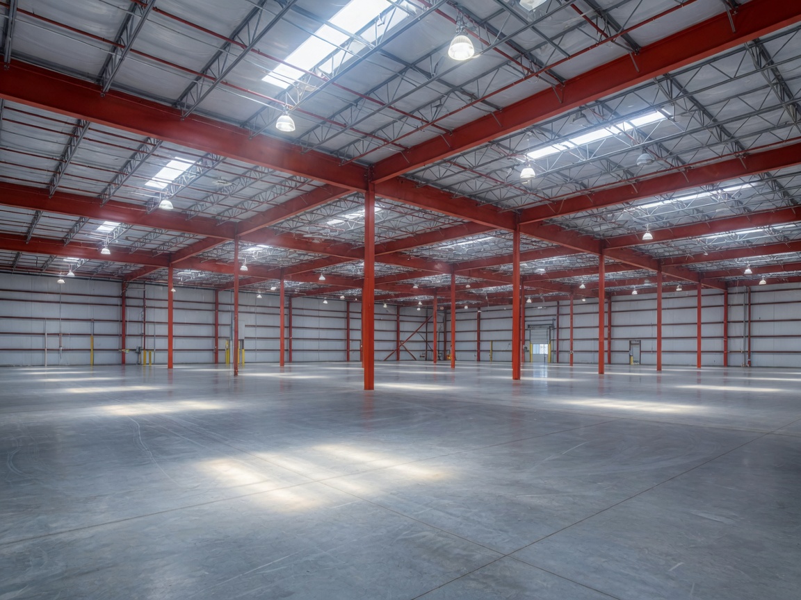 Clear-span warehouse interior with high ceilings and open floor