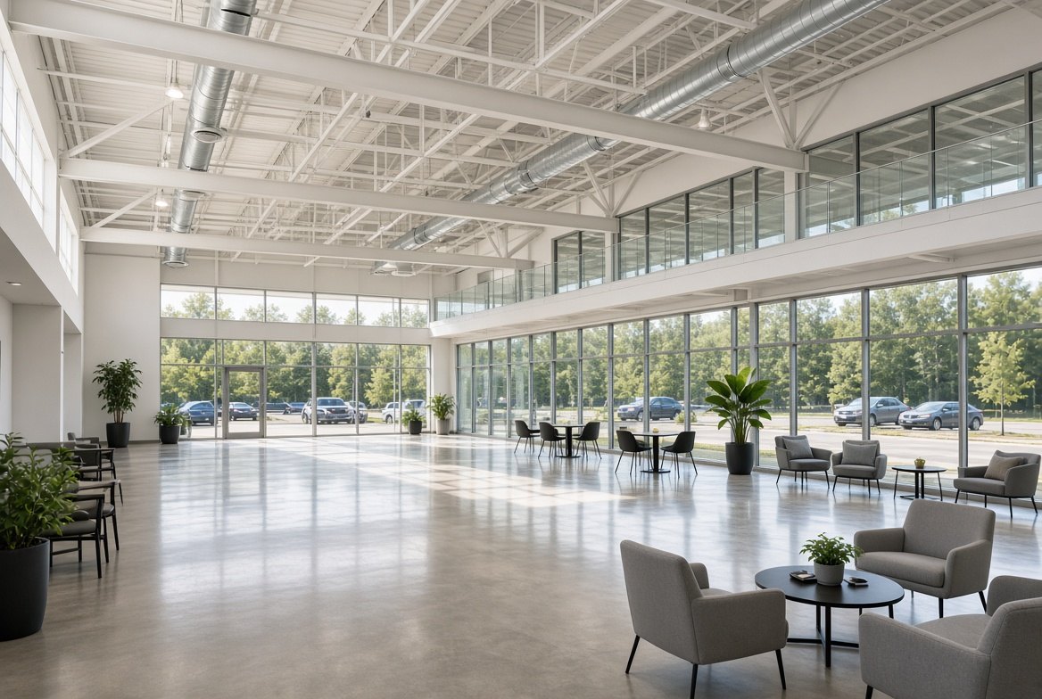 Modern multipurpose fellowship hall with soaring clear-span ceiling, mezzanine, glass walls, and polished floor