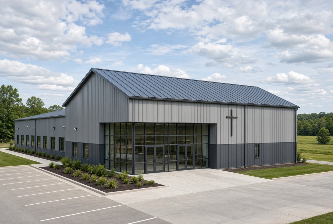 Modern gray PEB church and fellowship center with large glass entry, attached classroom wing, and facade cross