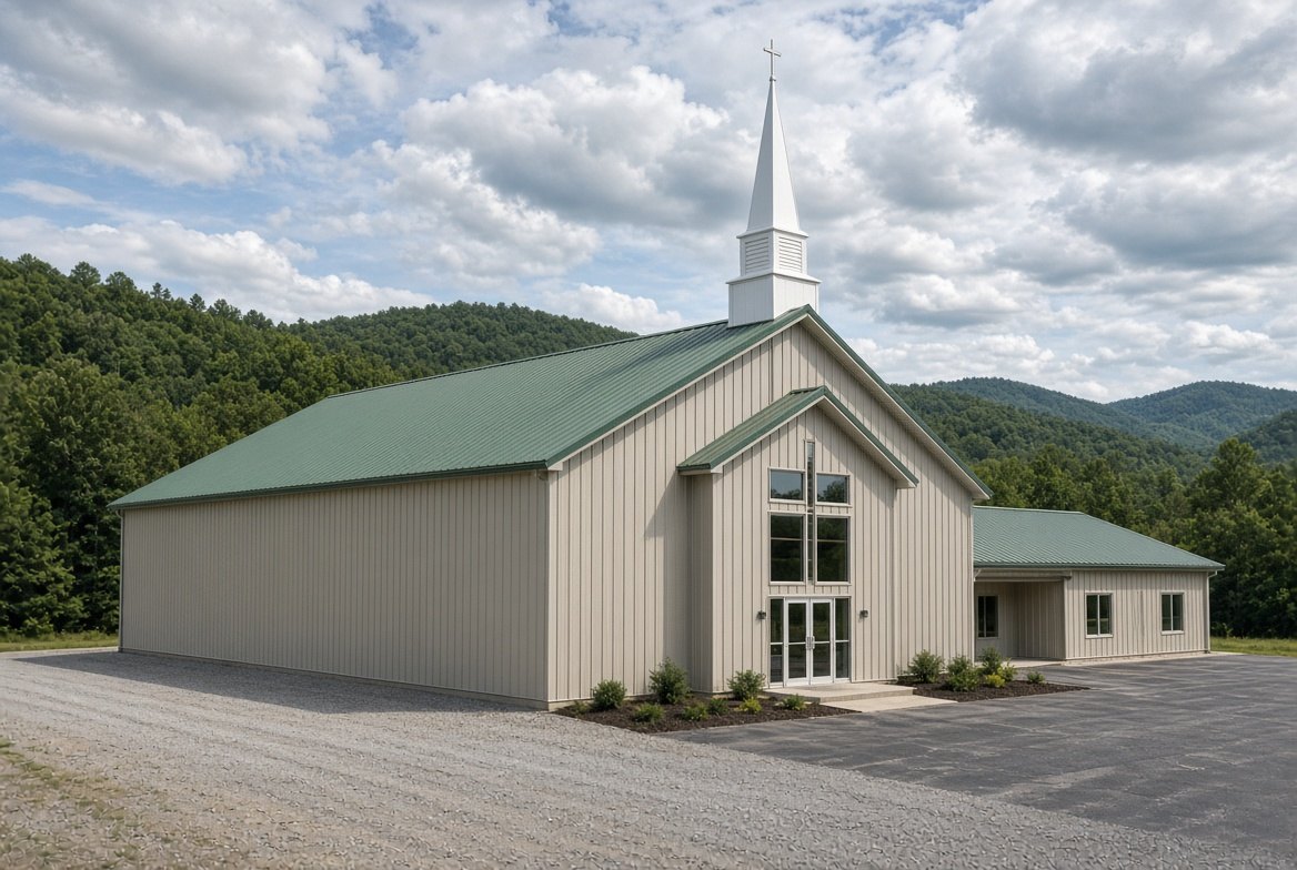 Beige pre-engineered metal church with green standing-seam roof, white steeple, and attached wing in wooded hills