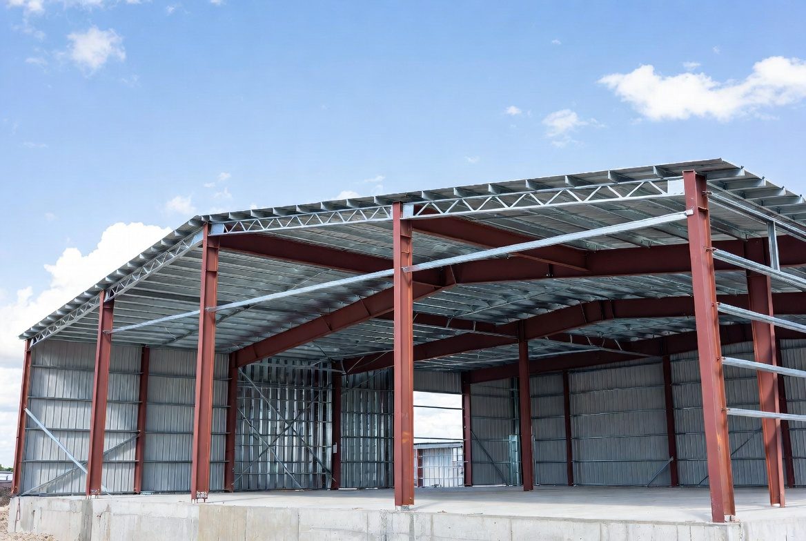 Red iron modular PEB frame with roof deck and wall girts on slab
