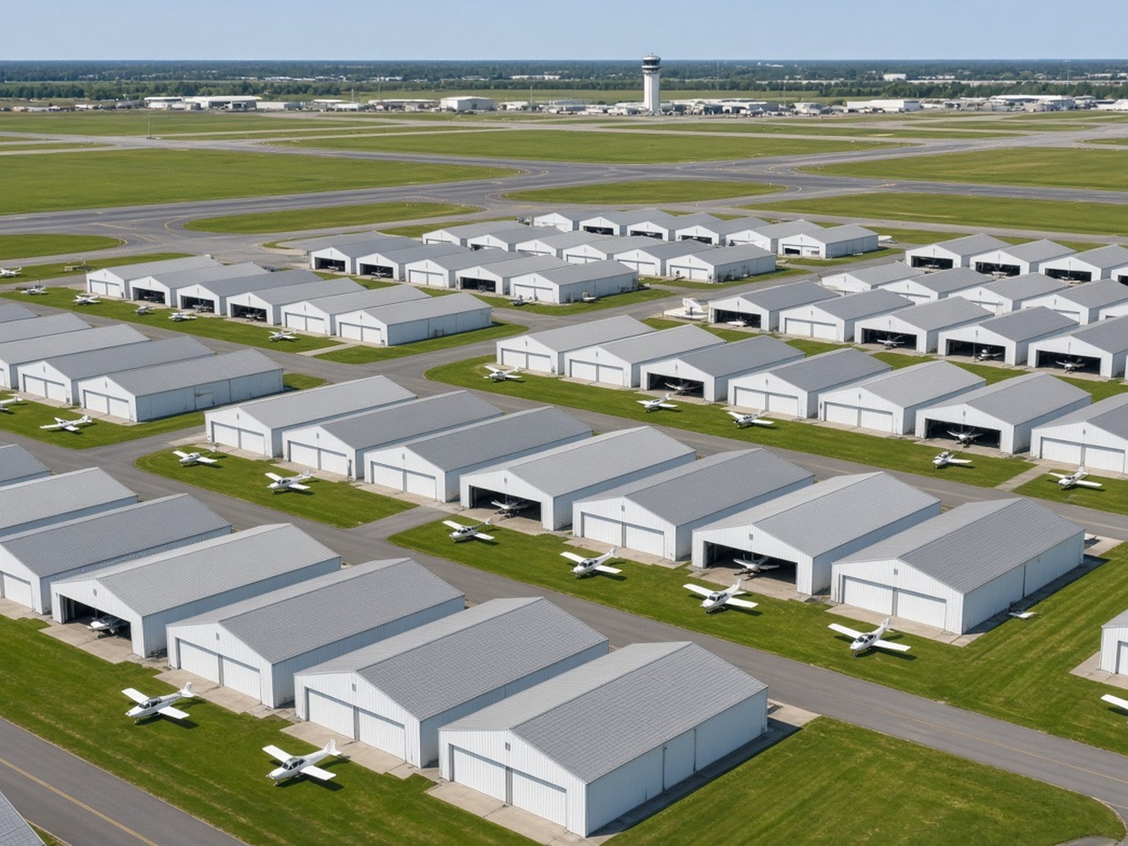 Aerial of large multi-hangar general aviation complex