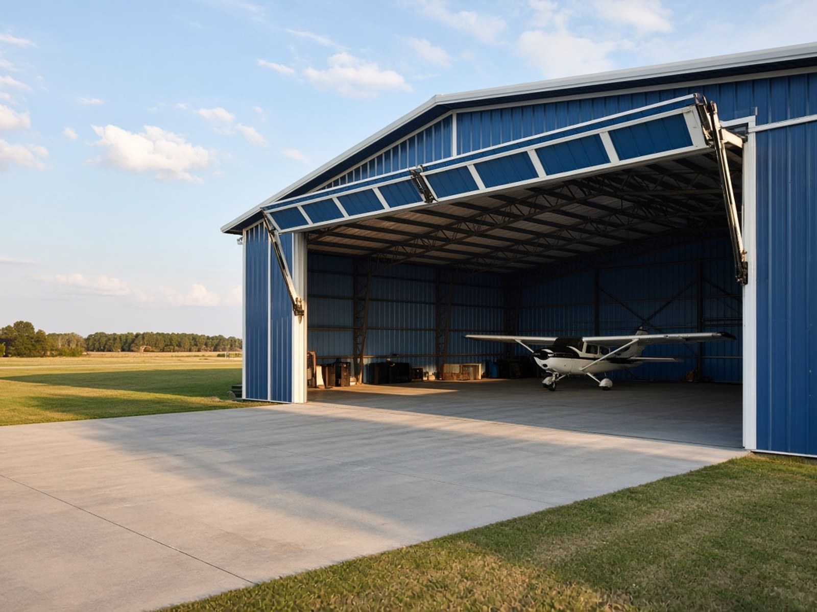 Blue personal aircraft hangar with open bifold door and light plane