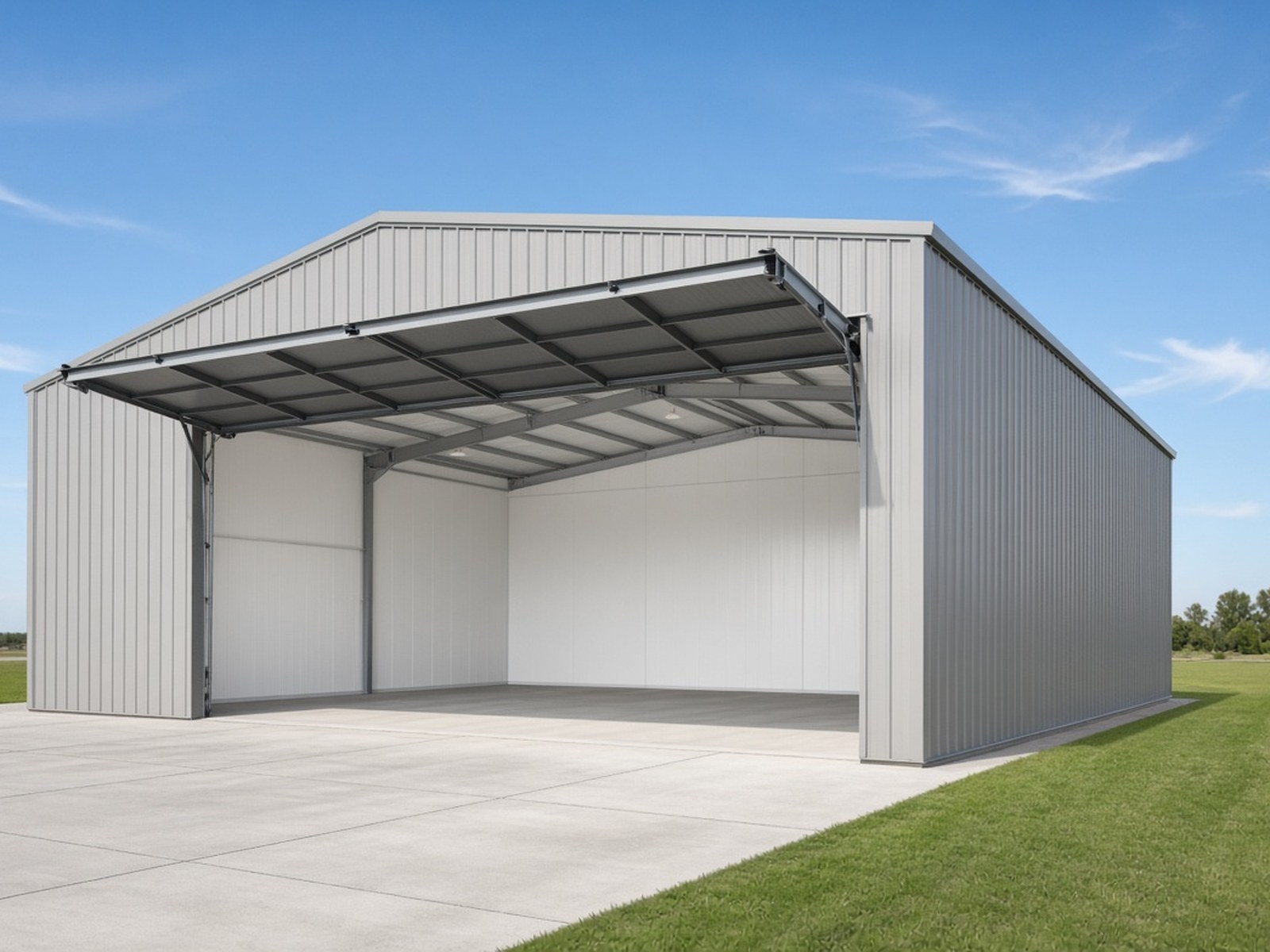 Personal gray metal hangar with open hydraulic bifold door