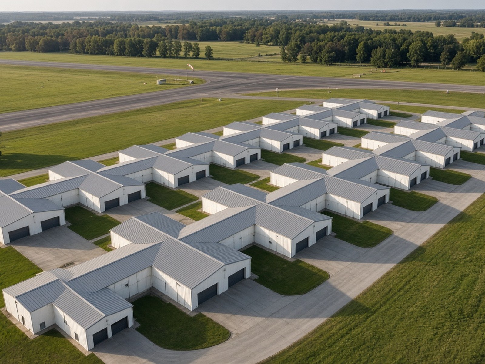 Aerial view of nested T-hangar campus near runway