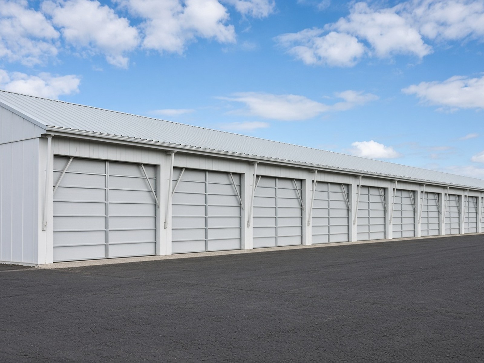 Multi-unit T-hangar row with individual hangar doors