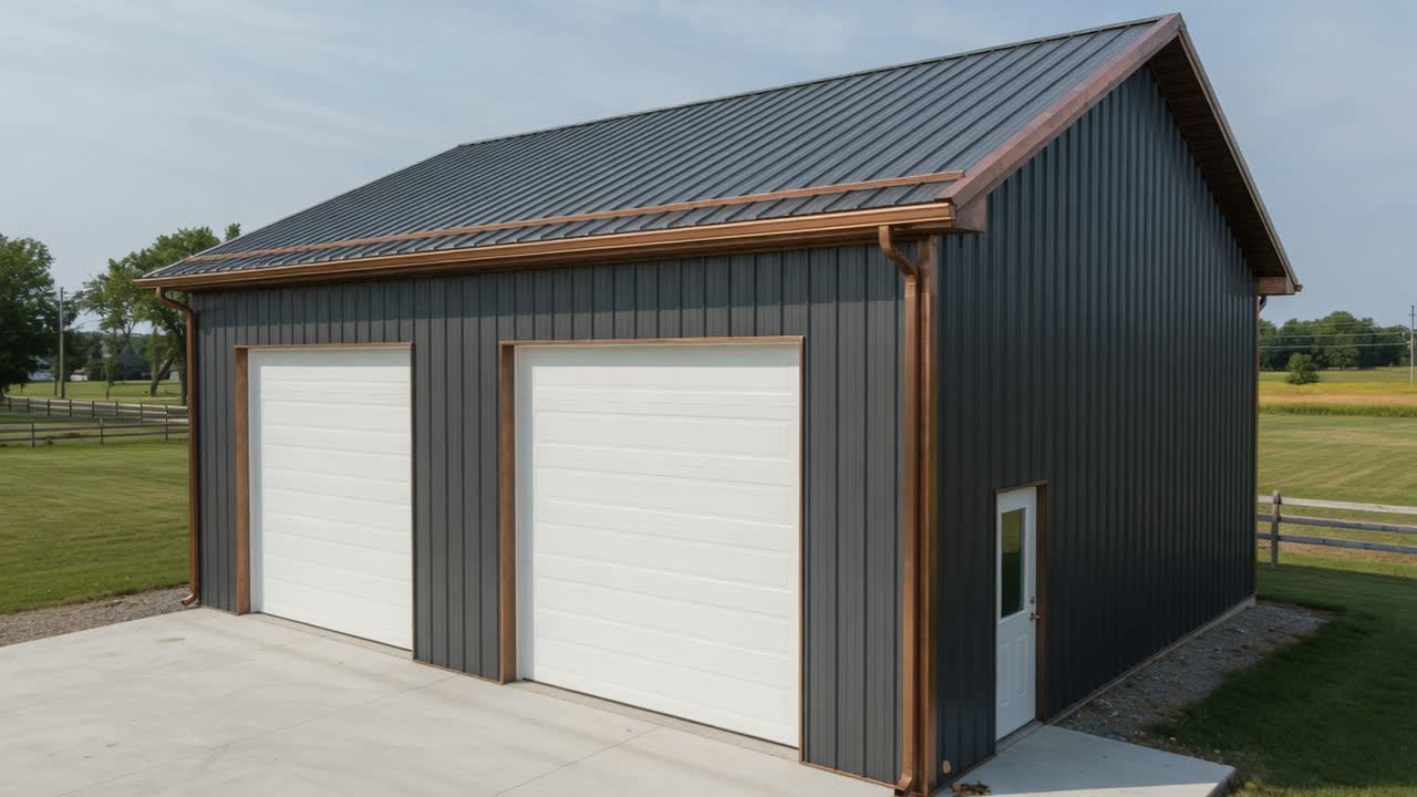 Clear-span steel shop building with overhead doors