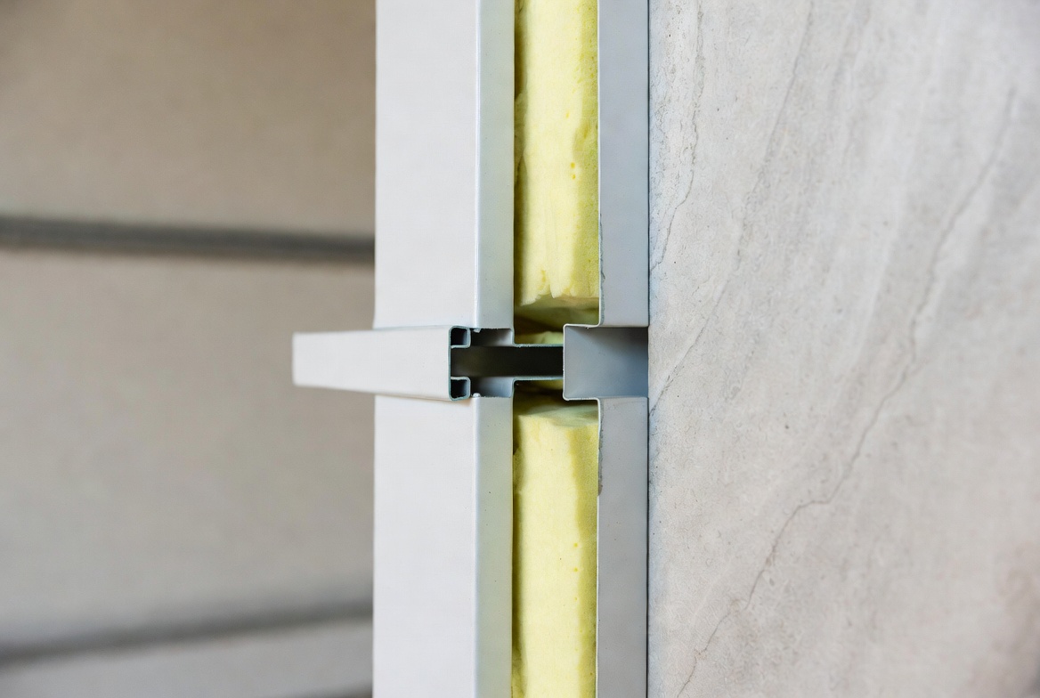 Insulated metal panel joint showing steel skins and foam core