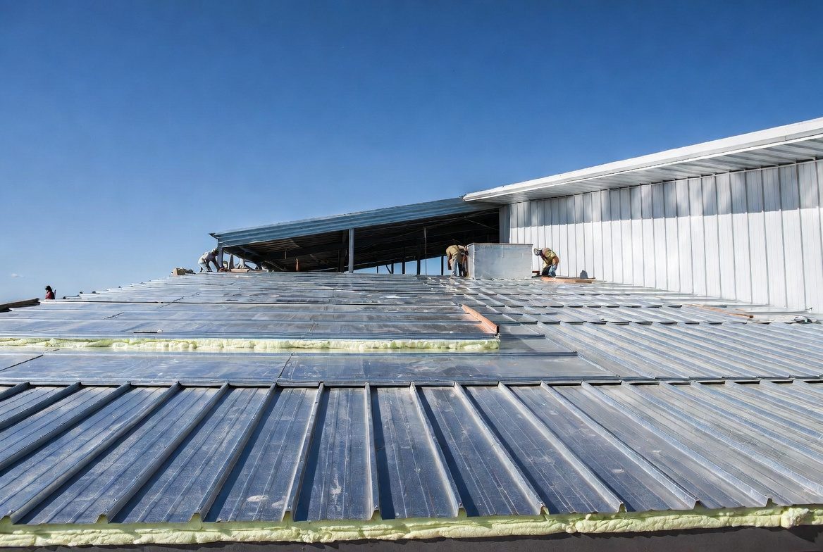 Standing seam insulated metal roof panels being installed