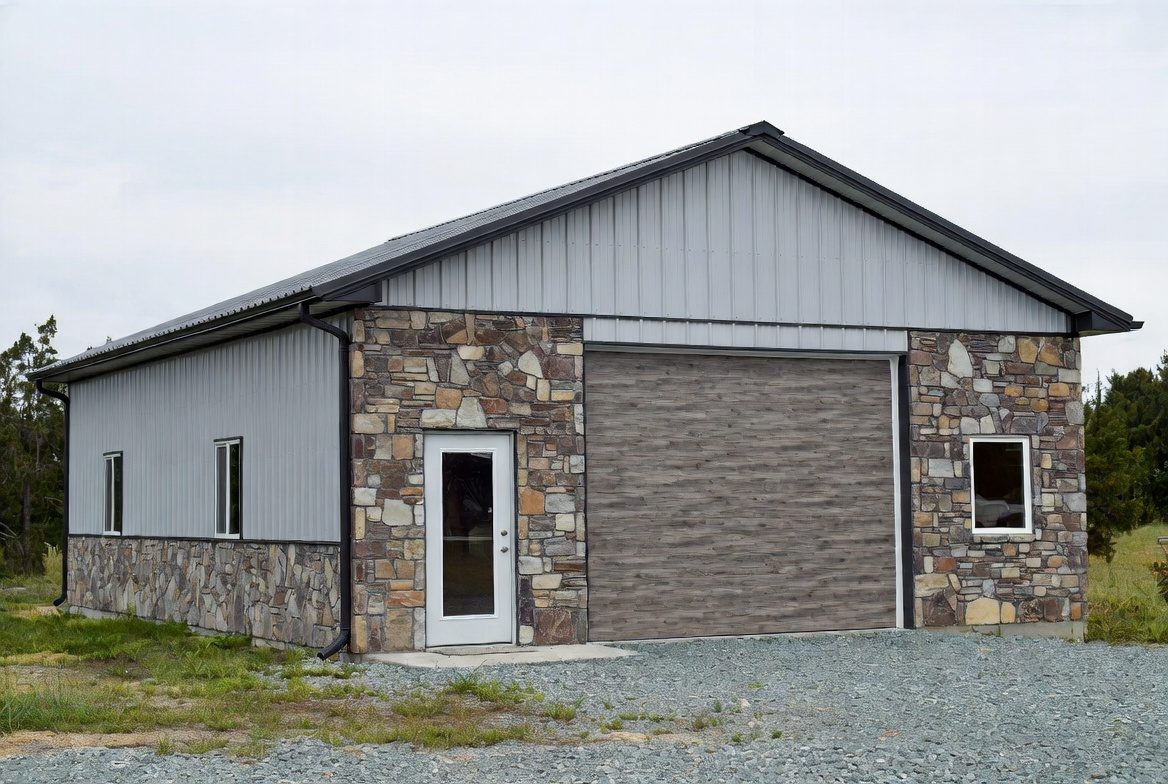 Stone wainscot with wood-grain OH door