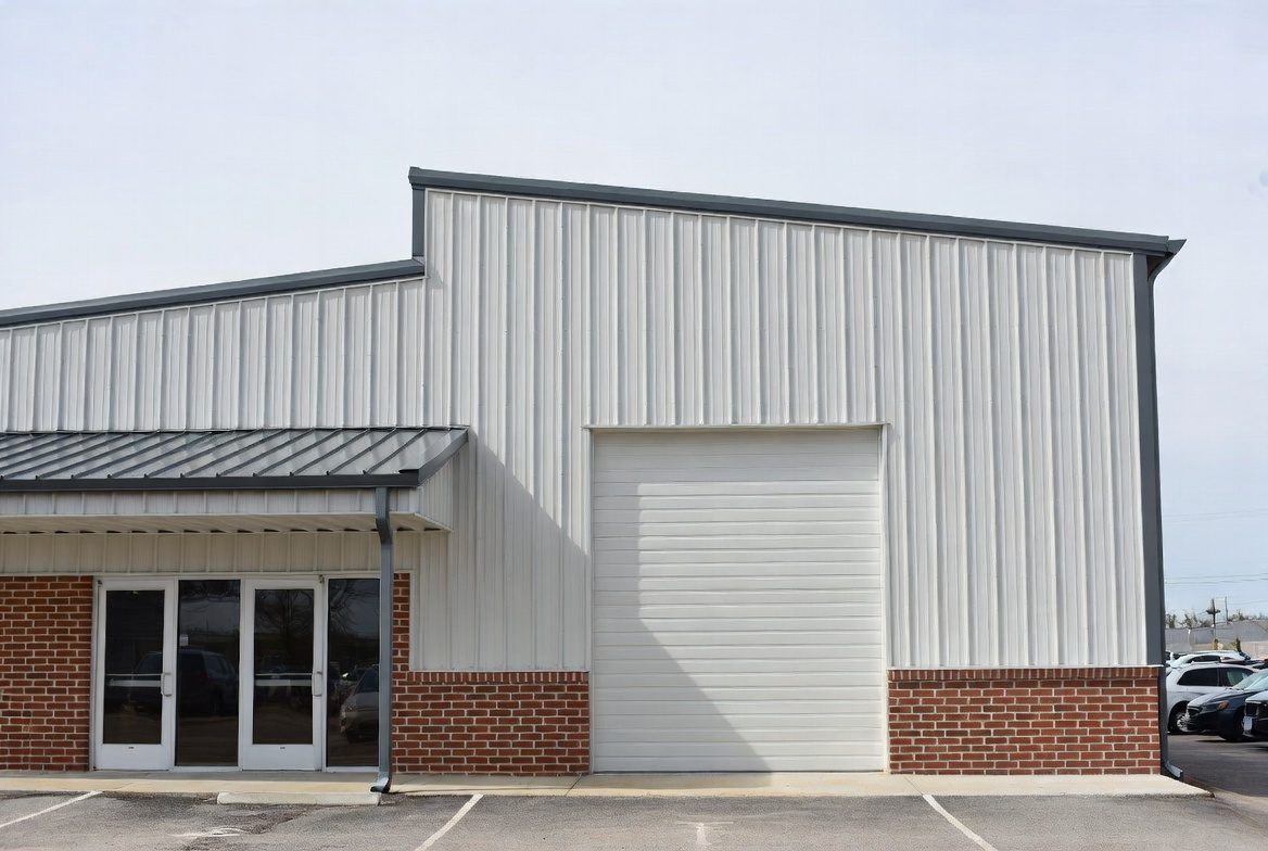 White commercial with brick wainscot