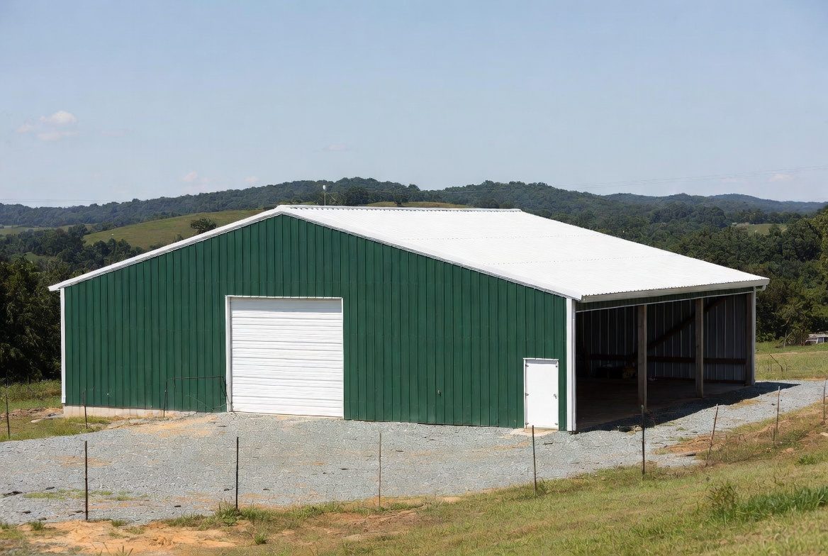 Forest green ag building with lean-to